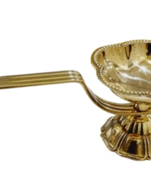 Dhoop Holder, brass holder with a scalloped shell-shaped cup with beaded rim on a petal foot, and a long ribbed handle