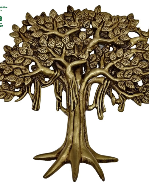 Kalpa Vriksha Tree Wall Hanger, brass wall sculpture of a spreading tree with detailed leaves and roots