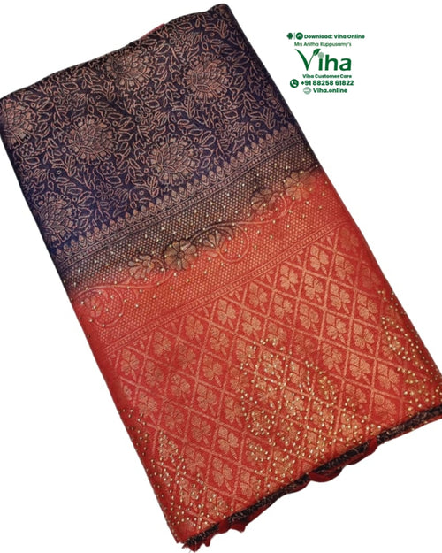Soft Silk Saree with Stone Work, dark blue and red with woven floral and leaf patterns