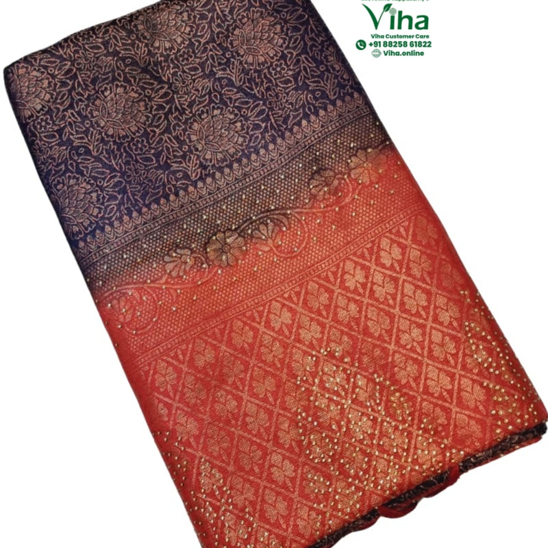 Soft Silk Saree with Stone Work, dark blue and red with woven floral and leaf patterns