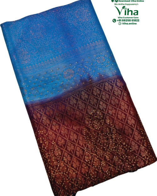 SOft Silk Saree with Stone Work, blue and maroon, intricate woven floral and geometric patterns