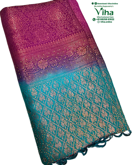 Soft Silk Saree with Stone Work, purple and blue with woven pattern and gradient colour transition