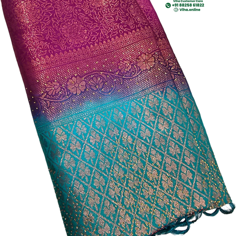 Soft Silk Saree with Stone Work, purple and blue with woven pattern and gradient colour transition