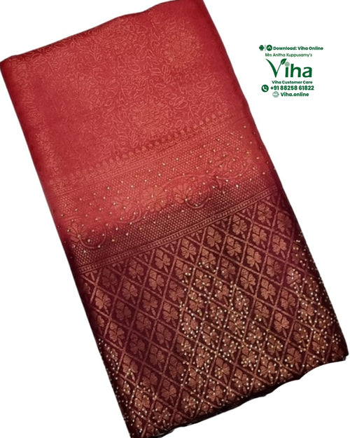 Soft Silk Saree with Stone Work, red with woven floral and geometric diamond patterns