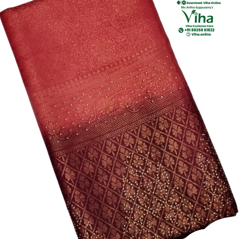 Soft Silk Saree with Stone Work, red with woven floral and geometric diamond patterns