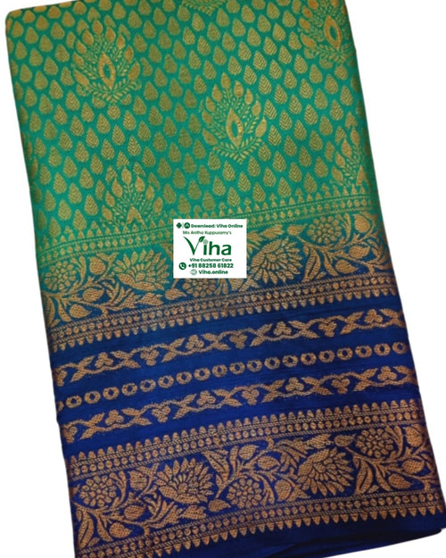 Soft Silk Saree With Blouse, green and blue leaf-shaped pattern