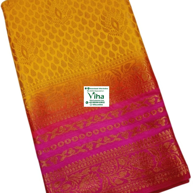 Soft Silk Saree With Blouse, folded yellow and pink fabric featuring gold-toned woven patterns with leafy motifs and geometric borders