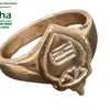 Impon Ring with Vel, a gold-toned metallic ring featuring a pointed shield-shaped face with three horizontal embossed bars and a small crown motif below