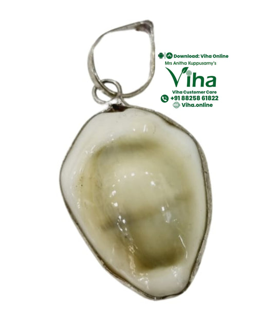 Mahalakshmi Cowrie Pendant, a teardrop-shaped white and grey pendant with a glossy surface, encased in a metallic frame with a double loop bail on top