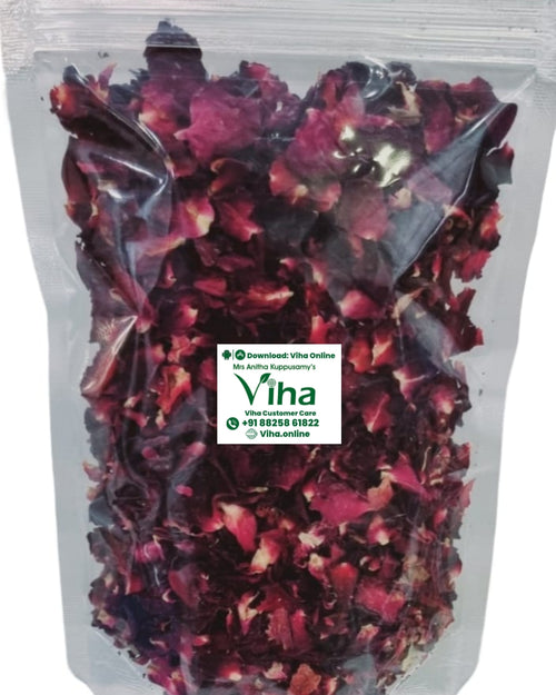 Rose Petals Dried, a transparent plastic zip-lock pouch filled with crushed dark pink and maroon dried flower petals