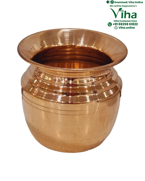 Copper Lotta, single burnished copper pot with a wide flared rim and ridged neck