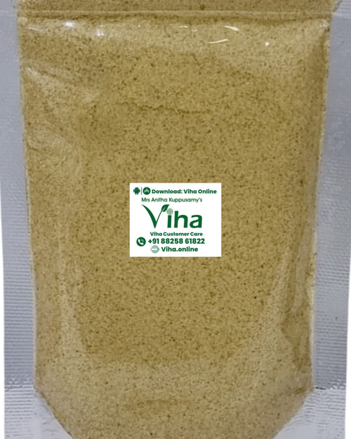 Fenugreek Powder, a clear plastic pouch filled with brownish-yellow granular powder, featuring a square white label with green text in the center