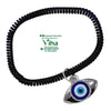Eye Shape Evil Eye Anklet, a dark shiny spiral band with a silver-toned eye pendant featuring blue, white, and black concentric circles hanging from a ring