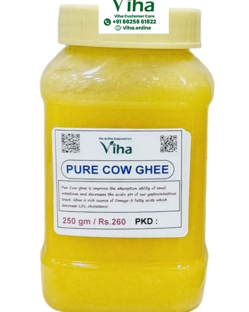 Pure Cow Ghee, a rectangular yellow plastic jar with a smooth surface containing yellow semi-solid substance, topped with an off-white ribbed screw cap