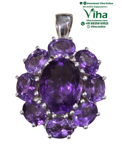 Amethyst Designer Pendant Silver, a shiny silver-toned pendant featuring nine purple faceted stones in a cluster, topped with a loop