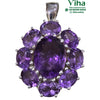 Amethyst Designer Pendant Silver, a shiny silver-toned pendant featuring nine purple faceted stones in a cluster, topped with a loop