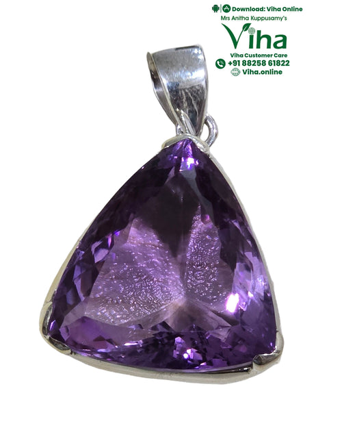 Amethyst Pendant Silver, a silver-toned pendant with a faceted, triangular purple stone and a looped bail at the top