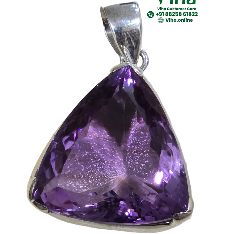 Amethyst Pendant Silver, a silver-toned pendant with a faceted, triangular purple stone and a looped bail at the top