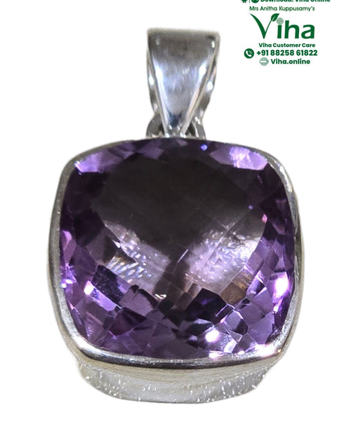 Amethyst Pendant Silver Square Cut Stone, a square purple faceted stone set in a shiny silver-toned metal mounting with a looped bale at the top