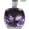 Amethyst Pendant Silver Square Cut Stone, a square purple faceted stone set in a shiny silver-toned metal mounting with a looped bale at the top