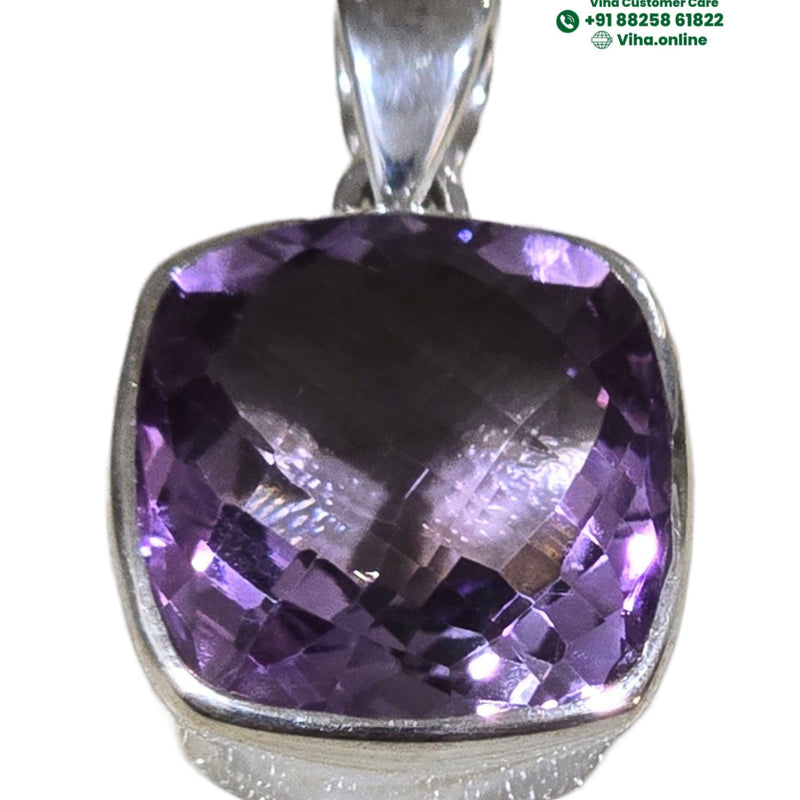 Amethyst Pendant Silver Square Cut Stone, a square purple faceted stone set in a shiny silver-toned metal mounting with a looped bale at the top