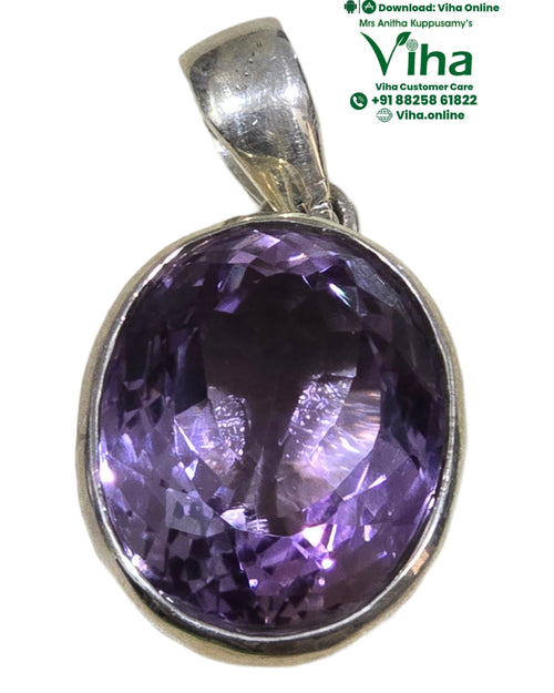 Amethyst Pendant Silver, purple oval stone with faceted surface