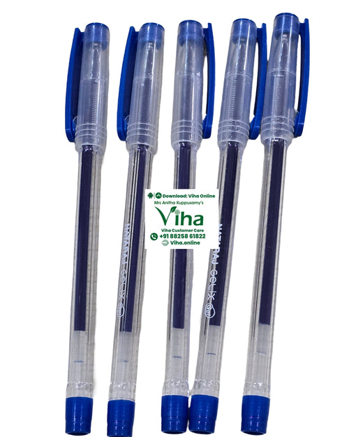 Five gel pens with clear barrels showing blue ink, and blue caps and tips