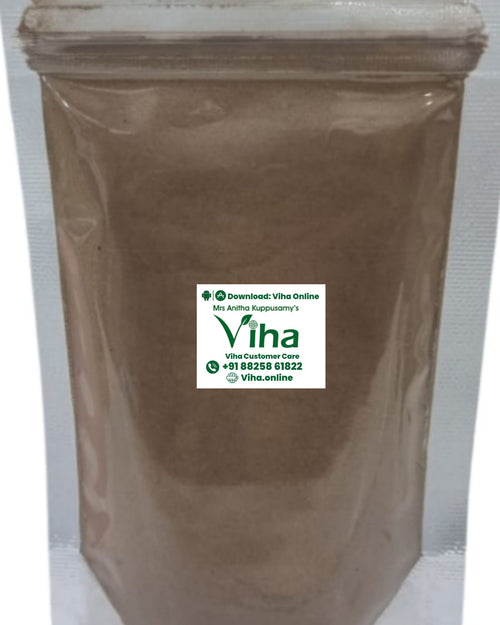 Alam Pattai Podi, a matte clear plastic pouch containing brown powder, sealed at the top with a zipper closure