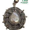 Original Pearl Designer Pendant In Pure Sterling Silver, silver-toned abstract pendant featuring a central pear-shaped white bead with six protruding pins