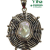 Original Pearl Designer Pendant In Pure Sterling Silver, silver-toned pendant featuring a lustrous white pearl-like stone nested inside wirework frame