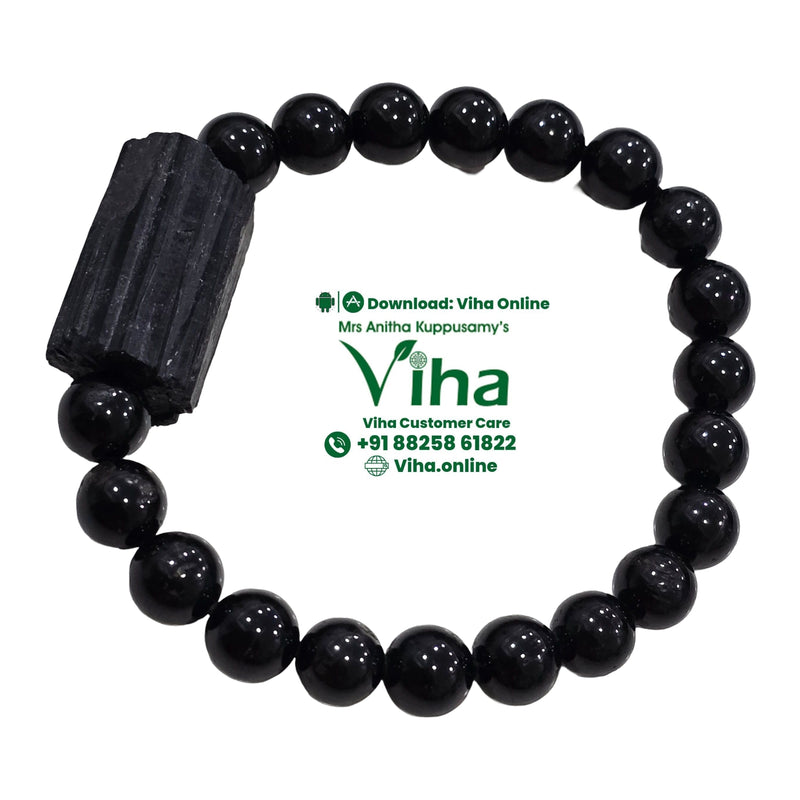 Black Tourmaline Bracelet, round black beads with a raw black crystal chunk as the centerpiece