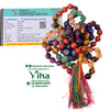 7 Chakra Stone Mala - 108+1 Beads, a jumble of multicolored round stone beads on red string with a large multi-colored tassel tied at the bottom