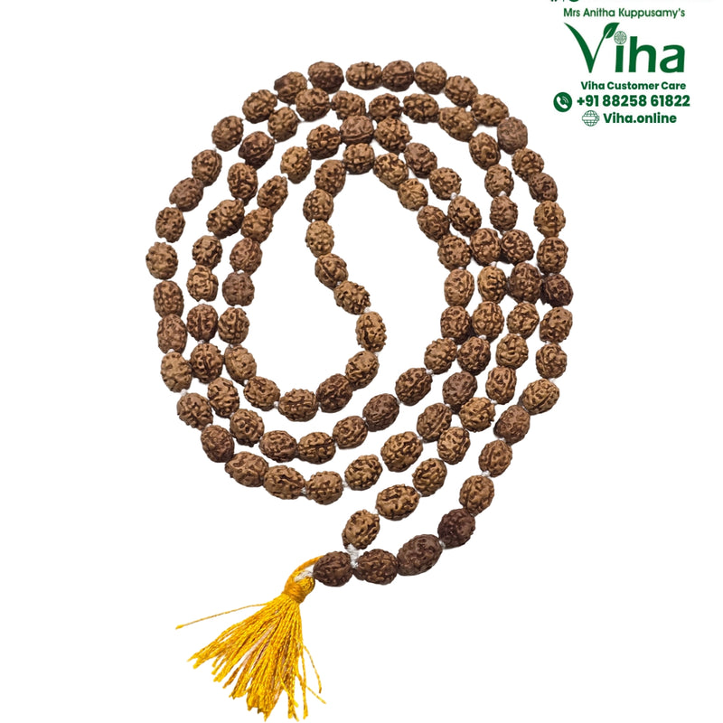 4 Face Rudraksh Mala - 108 + 1 Beads, with a yellow tassel