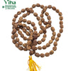 4 Face Rudraksh Mala - 108 + 1 Beads, an intertwined strand of round brown textured beads with a yellow tassel