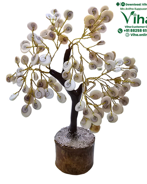 Gomati Chakra Tree - Gomti Chakra Tree, a decorative tree with a brown base, trunk, gold-toned wire branches, and shell-like leaves