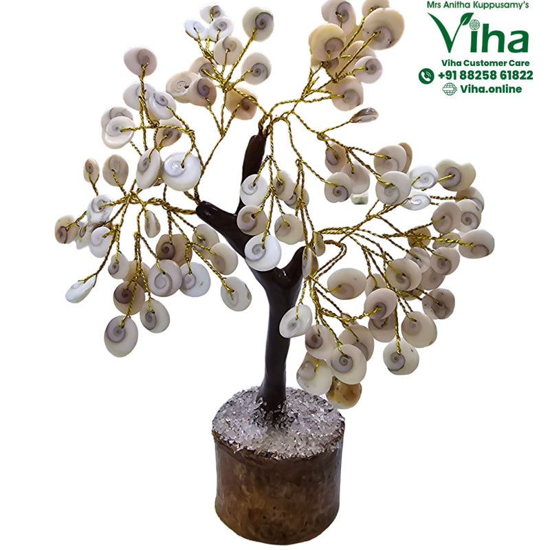 Gomati Chakra Tree - Gomti Chakra Tree, a decorative tree with a brown base, trunk, gold-toned wire branches, and shell-like leaves