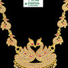 Impon Haram, a gold-toned necklace with interlocking twin bird pendants studded with clear and pink stones, dangling bead fringe below