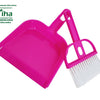 All purpose cleaning brush set, a pink plastic dustpan and brush set with white bristles