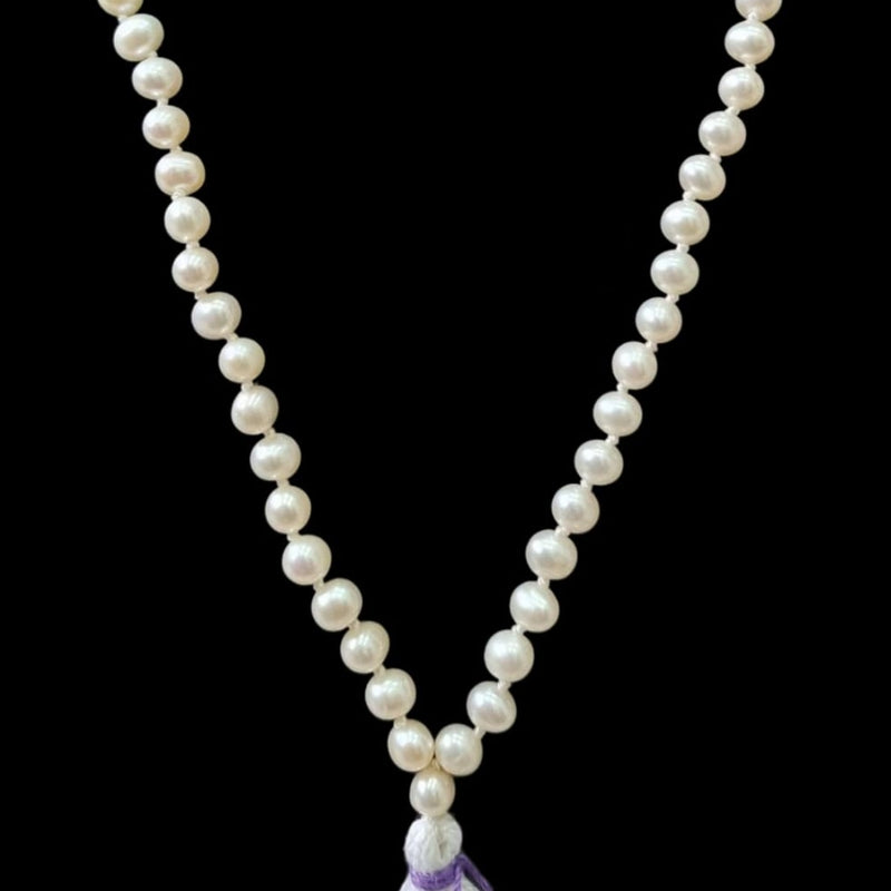 Pearl Round Beads Mala 108+1, a string of round beads with a hanging tassel