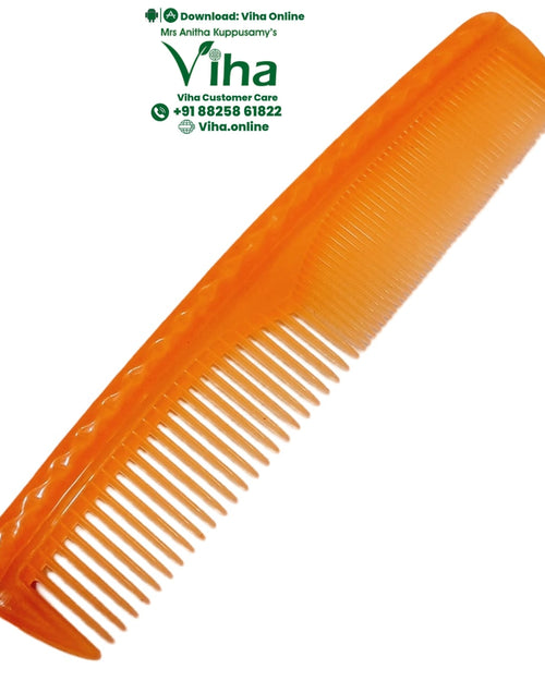 Hair Comb, amber translucent plastic comb with wide teeth on one side, fine on the other
