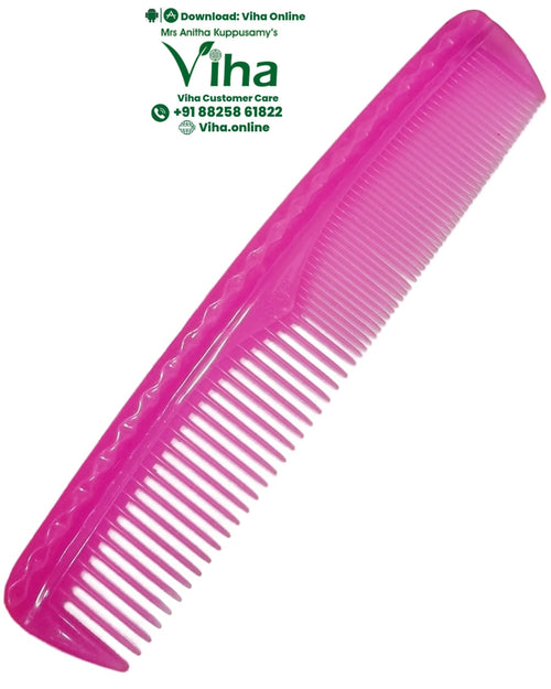 Hair Comb, pink translucent plastic comb with wide teeth on one side, fine on the other