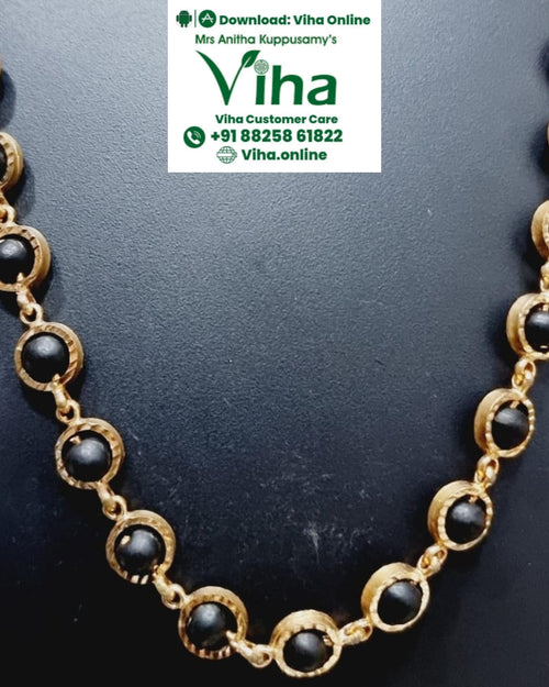 Impon Karungali Beads Chain, a gold-toned chain with fourteen round black beads in fluted circular settings
