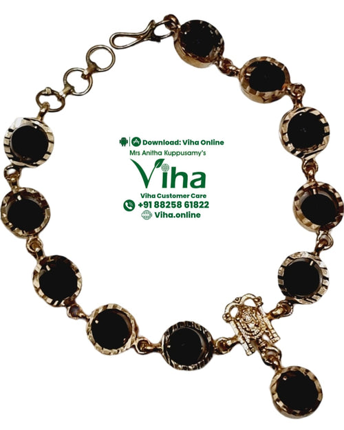 Impon Karungali Balaji Bracelet, a gold-toned bracelet with eleven black circular settings and one dangling charm ending in a similar setting