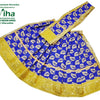 Amman Pavadai Set, a pleated royal blue fabric garment with gold-toned leaf patterns and metallic gold-toned borders and attached sash