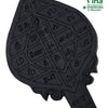 Karungali Sastra Bandham Vel, a matte dark grey spearhead shaped plaque, engraved with geometric lines and Tamil script within compartments