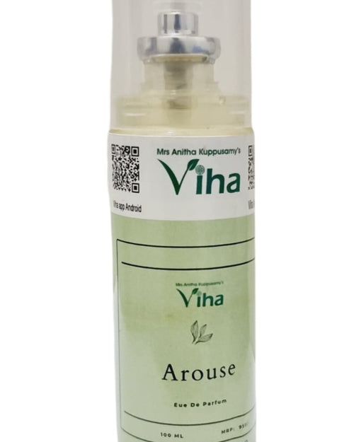 Arouse Perfume, a round bottle with glossy light-green labels featuring black text and a transparent cap covering a silver-toned spray nozzle