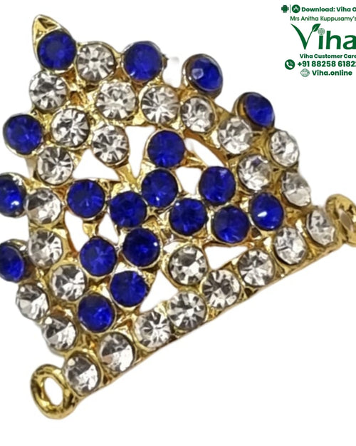 Crown For God & Goddess, a gold-toned metal crown set with blue and clear stones featuring two loops