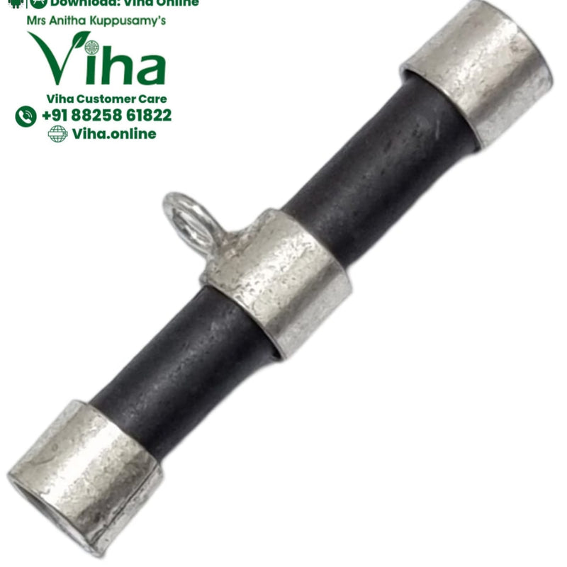 Karungali Thayat, a dark grey tube with silver-toned metal caps on both ends and a middle band with a loop