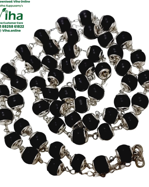 Karungali Mala with White Metal Cappings, a multi-stranded necklace featuring round, matte-black beads capped with silver-toned metal ends connected by links