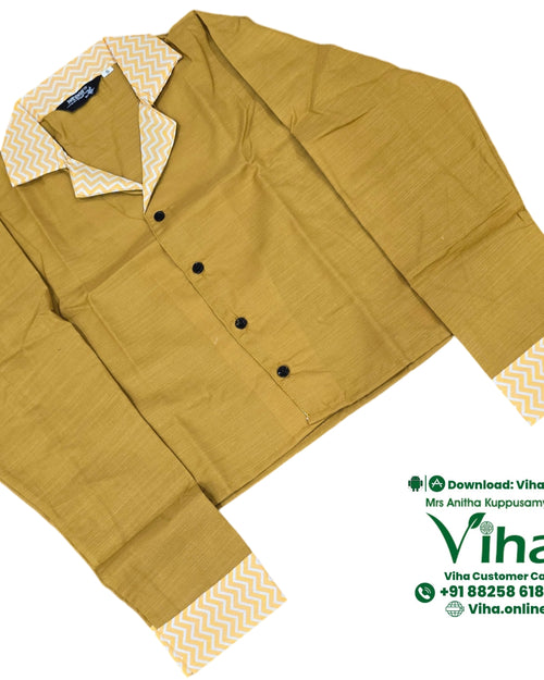 Women Shirt, mustard yellow, notch lapel collar with white and yellow chevron pattern